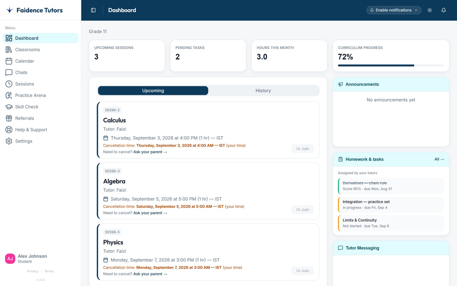 A student's Faidence dashboard — upcoming sessions, tasks and progress