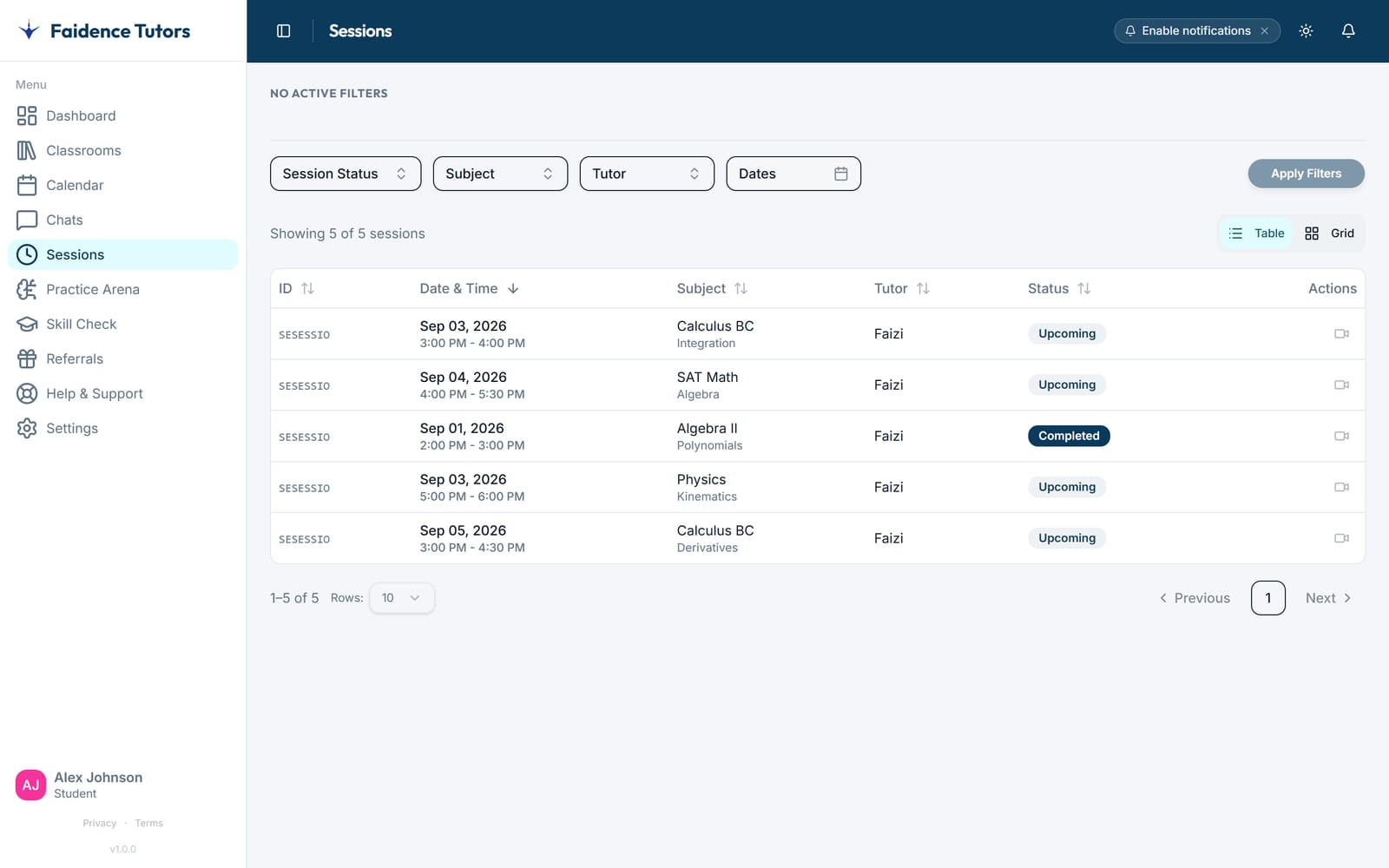 A student's session list — subject, time, tutor and join
