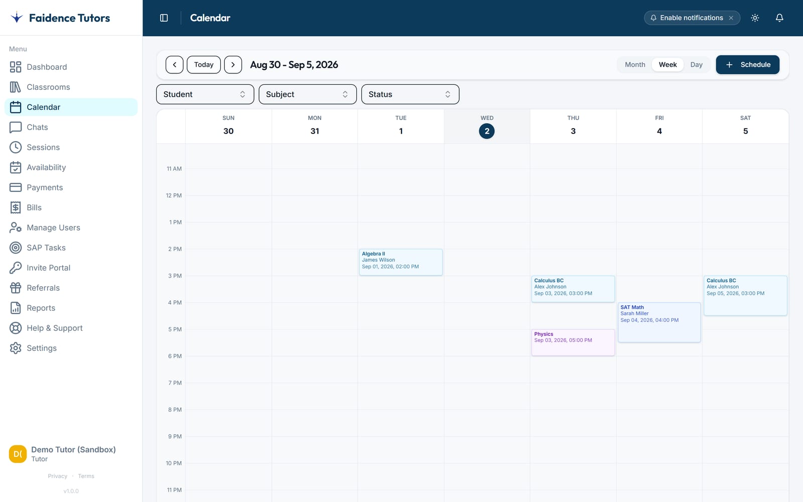 Faidence calendar — weekly schedule with sessions