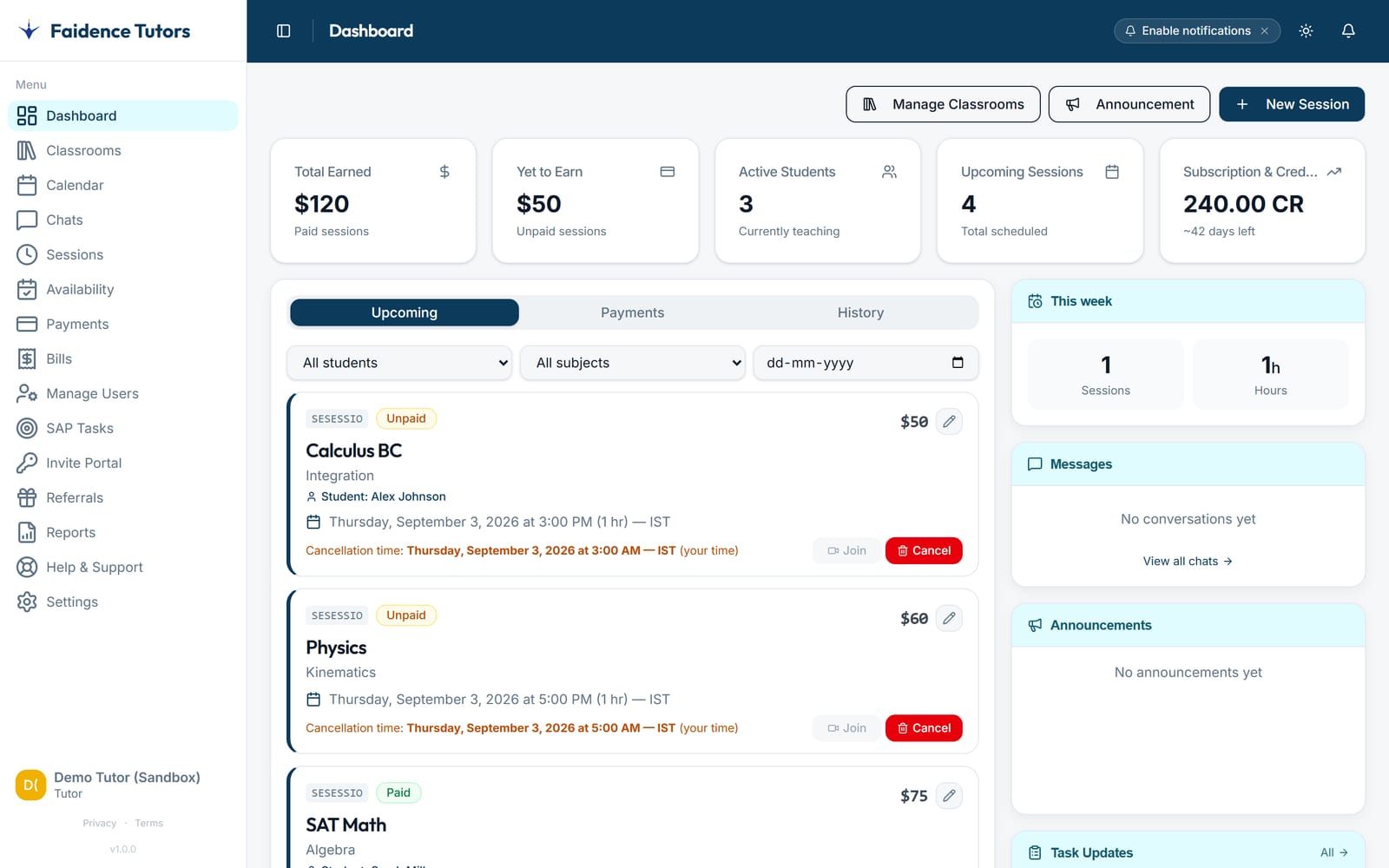 Faidence tutor dashboard — earnings, students, upcoming sessions, credits