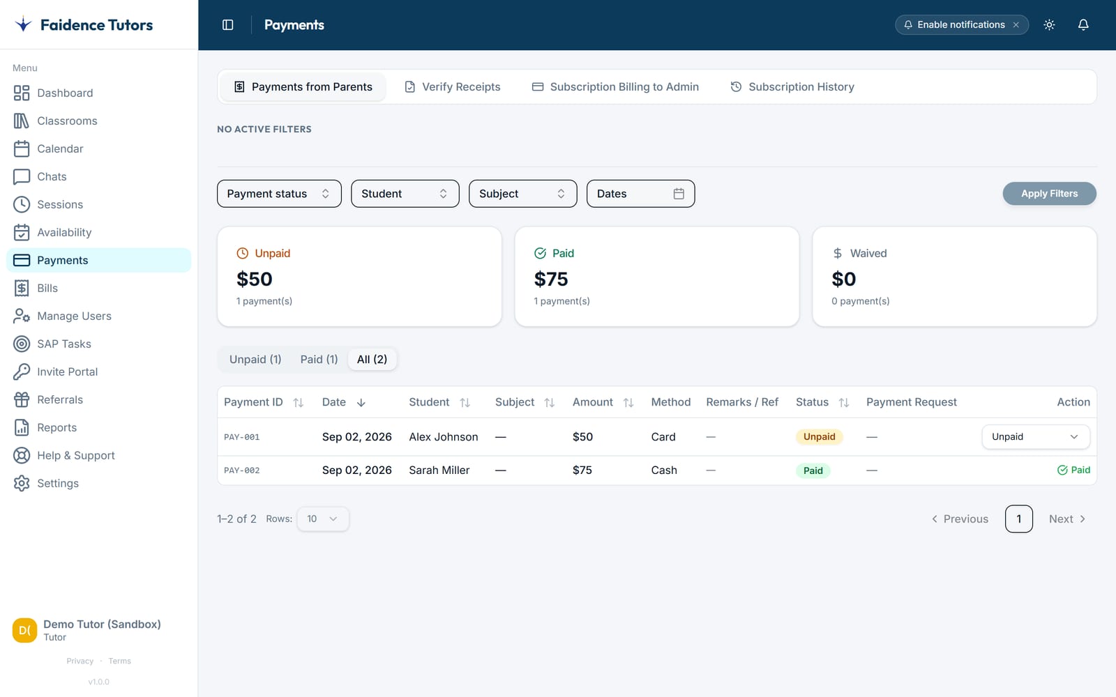 Faidence payments — invoices with paid and unpaid status